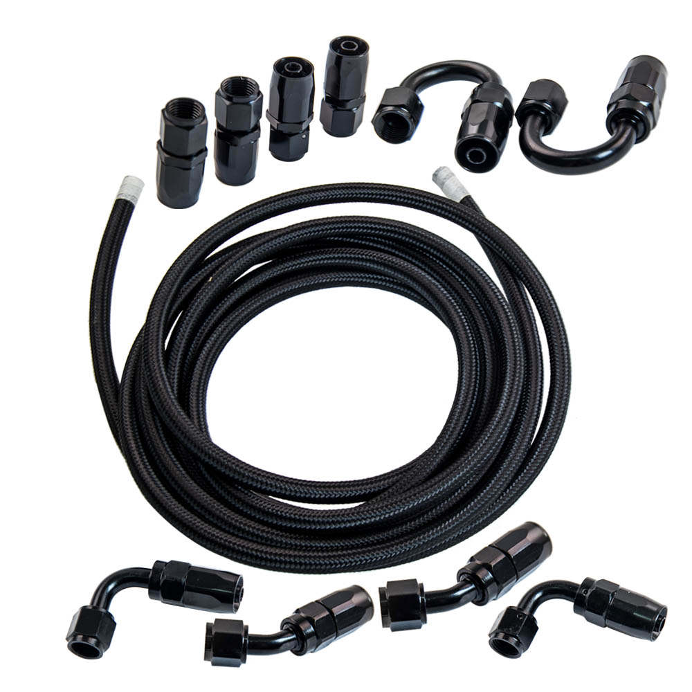 AN6 6AN 5M Stainless Steel Braided Oil Fuel Line+ Fitting Hose End Adapter Black