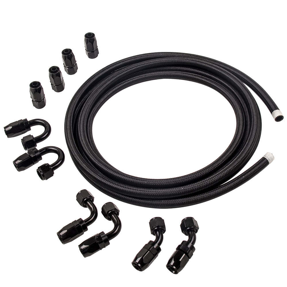 AN8 8AN 5M 16.4 Feet Braided Oil Fuel Line + Fitting Hose End Adapter Kit Black