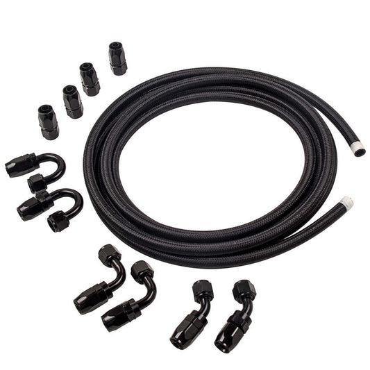 AN8 8AN 5M 16.4 Feet Braided Oil Fuel Line + Fitting Hose End Adapter Kit Black