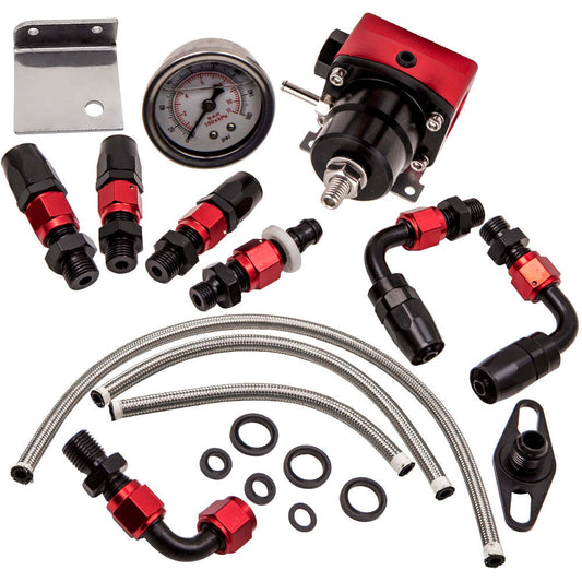 Fuel Pressure Regulator AN6 Hose End Fittings Oil Line Oil Gauge Kit Black-Red